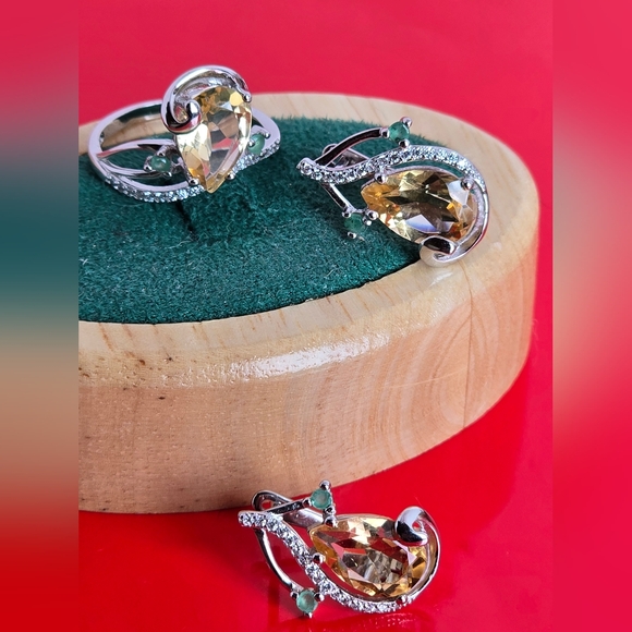 Natural Citrine & Emerald 925 Sterling Silver Set of Ring (Sz 8) & Earrings. - Picture 8 of 12